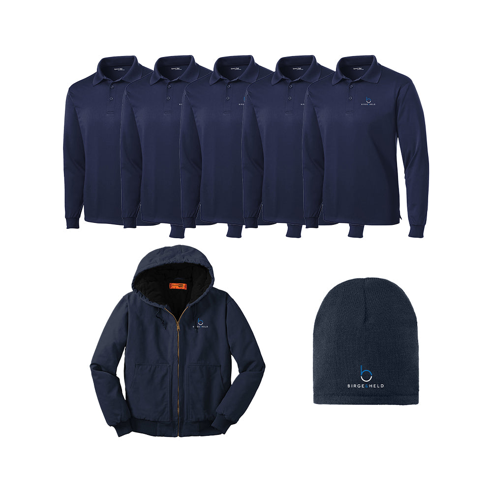 Quick Order Bundle - Unisex Long Sleeve Polo x5, Coat, & Beanie