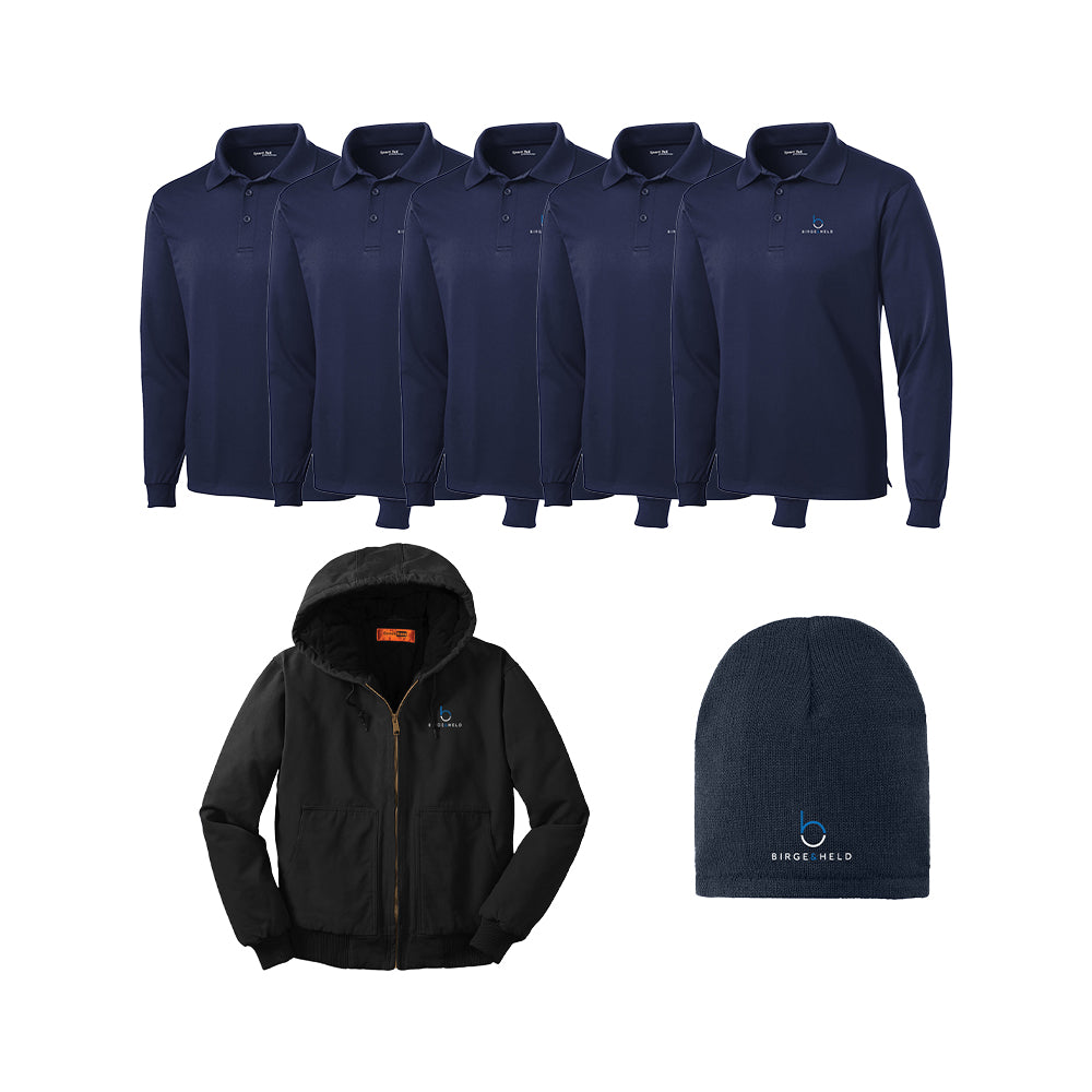 Quick Order Bundle - Unisex Long Sleeve Polo x5, Coat, & Beanie