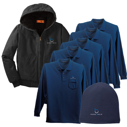 Quick Order Bundle - Unisex Long Sleeve Pocket Polo x5, Coat, & Beanie