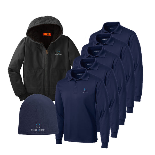 Quick Order Bundle - Unisex Long Sleeve Polo x5, Coat, & Beanie