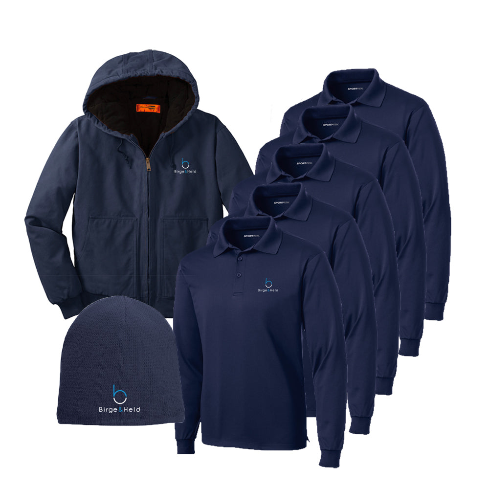 Quick Order Bundle - Unisex Long Sleeve Polo x5, Coat, & Beanie